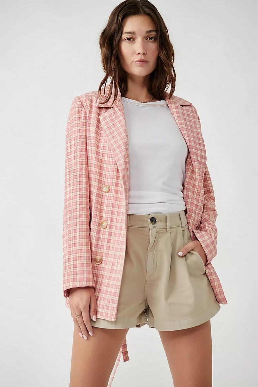 [Free People] Pink Olivia Gingham Plaid Oversized Double Breasted Blazer Large L